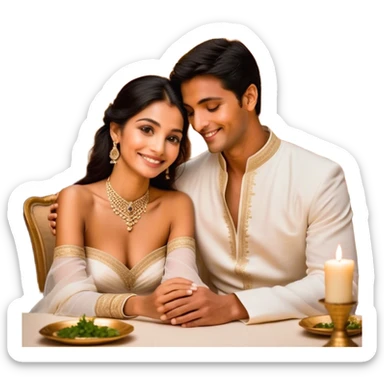 An intimate moment a couple at candlelit dinner. The woman, dressed in a sophisticated white gown with delicate jewelry, smiles as her partner, wearing a traditional black and gold bisht with a white ghutra, leans in to whisper or kiss her cheek. Their hands are gently intertwined on the table,M sticker