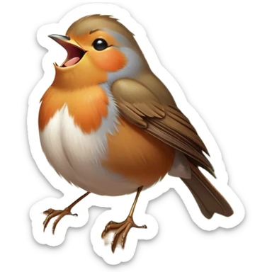 Cinematic Cute Yawning Robin Portrait Emoji, Head tilted slightly with a dramatic, wide-open yawn, showcasing a small, softly feathered body with gently drooping wings and sleepy, half-closed eyes, Simplified yet irresistibly adorable features, highly detailed, glowing with a soft, cozy glow, high shine, relaxed yet expressive, stylized with a dash of whimsical woodland charm, soft glowing outline, capturing the essence of a drowsy yet affectionate robin that appears ready to stretch out for a nap! sticker