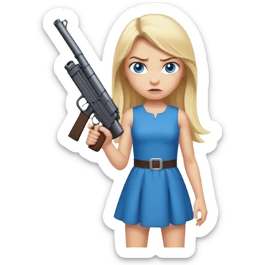 Beautiful  blue eye blonde Long Hair Gangsta girl in a short Dress Looks angry  with a big gun sticker