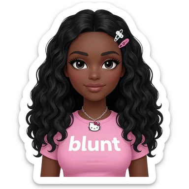 Long giant lashes, my melody hairclip, Doll faced shaped, hello kitty necklace, bimbo, black doll eyes, barbie, dark brown skin with long curly black hair, light pink bimbo shirt says "blunt" , big breast sticker