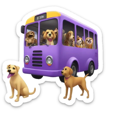 Dog on a purple bus with a rainbow and animal passengers sticker