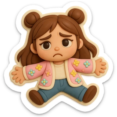 3D chibi fondant cake art style, high-quality rendering with smooth shadows and soft gradients. Girl based on reference image with preserved facial features and eye shape, long brown hair in two space buns, brown eyes, jeans, pastel floral cardigan, thick white outline like a sticker, transparent background. Lying flat on the floor, arms spread, looking sad. Ensure the face, hairstyle, and eye shape match the reference exactly. sticker
