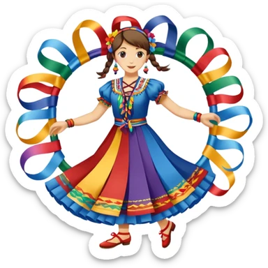 Icon for Folk Dance: close-up traditional dance dress, shoes, colorful folk costumes and a dance circle with ribbons. The icon should represent the vibrant and cultural aspects of folk dancing. Transparent background. sticker