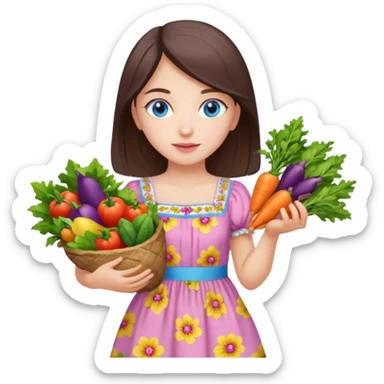 Turkish beautiful finish Konya girl blue eyes with floral pink and yellow lila dress and she had on her hand vegetables  sticker