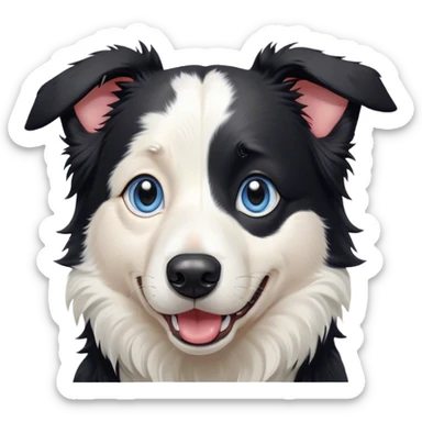Cinematic Comical Border Collie Portrait Emoji, Head tilted dramatically with an exaggeratedly shocked or offended expression, featuring a striking black and white coat and wide, expressive blue eyes filled with exaggerated disbelief, Simplified yet hilariously expressive features, highly detailed, glowing with a slightly sassy glow, high shine, dramatic yet playful, stylized with an air of attitude, bright and endearing, soft glowing outline, capturing the essence of a sassy and over-the-top herder, so meme-worthy it feels like it could side-eye its way into internet fame instantly! sticker