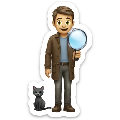 man standing, holding a magnifying glass, looking for cats on the street, no background sticker
