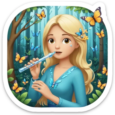 woodland sticker character, blonde woman playing crystal flute, butterflies around sticker