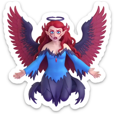 extremely diabolical demon girl with enormous high reaching wings, blood red hair, sinister glowing blue eyes, dark hellish aura, no horns, fangs sticker