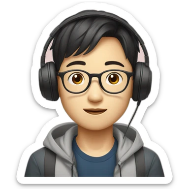 A korean boy with korean hari wearing glasses with cool headphone  sticker