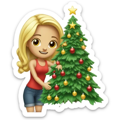 Blond Girl is decorating a Christmas tree sticker