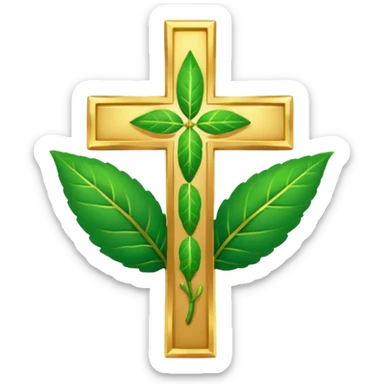 "A clean, friendly emoji of three vibrant green Tulsi (Holy Basil) leaves centered over a small, glowing golden cross or 'plus' sign, symbolizing healing. Simple, flat, 32x32 pixel icon style. Transparent background. Icon for natural healing and wellness." sticker