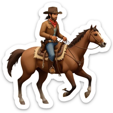 An icon representing an adventure game, inspired by Red Dead Redemption II. The design features a rugged cowboy riding a horse through a vast, open landscape with mountains, deserts, and wild animals. The atmosphere conveys exploration, action, and the thrill of the journey. Transparent background sticker