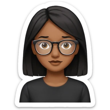 Cor da pele parda óculos um pouco quadrado cabelos longos e preto roupas blusinhas de manga curta sticker