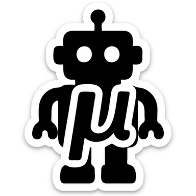 solid filled icon of a blue lowercase mu symbol with a toy-styled robot behind it sticker
