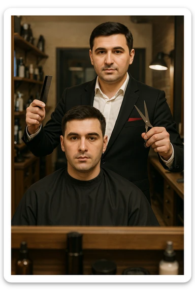 manashu akani yuzlaridan foydalanib sartarosh chizib bergin u soch olishga tayyor turganini chizib ber old rakursda bulsin mijoz tugriga qarab utirganini va sartarosh uni orqasida turib bitta ulida qaychi, ikkta quli bilan tayyorgarlik kurib turganini chizib ber xuddi 1,2,3 boshladik degandey birdaniga ishga kirishib ketadigan dek tayyor bulib tursin sticker