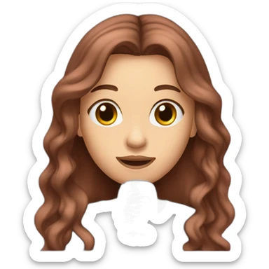 caucasian woman with long brown hair and pink highlights, black t-shirt, with a microphone singing sticker