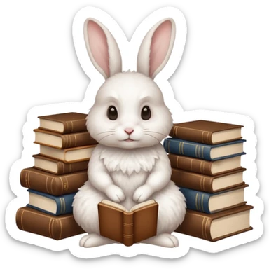 White rabbit sitting horizontally in a natural position on 4 legs, without a book.  There are 3 books nearby. books lie on top of each other other in brown tones

 sticker