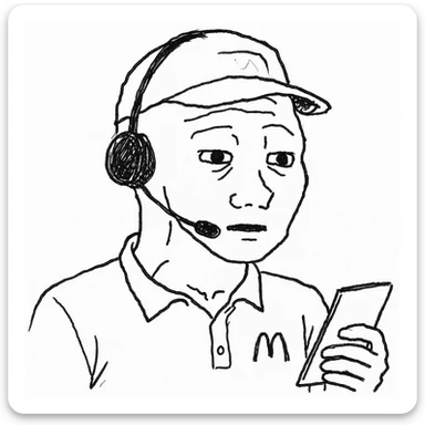 wojak meme style, McDonald's worker with headset, taking an order, simple background sticker