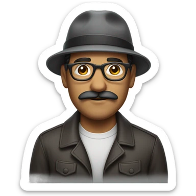 man latin mustache grey glasses cap sticker