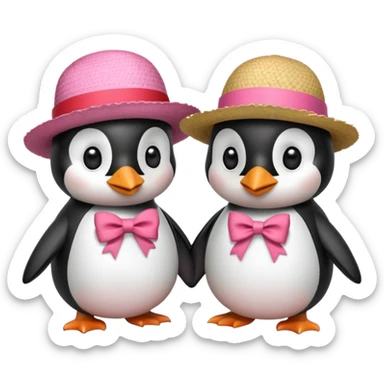 Allora fammi un emoji che rappresenta un pinguino con in testa un fiocco rosa che da la mano a un altro pinguino che in testa ha un cappello di paglia con al centro del cappello una striscia rossa sticker