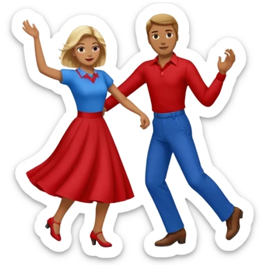 Two people. Man  wearing all red  with brown hair. Women iall blue with blond hair. Swing Dancing.  sticker