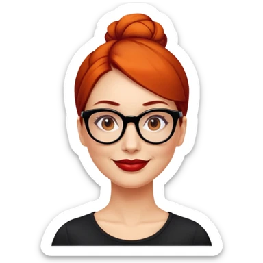 nữ 40 tuổi, da trắng,môi đỏ thẫm, tóc búi gọn gàng màu cam, đeo kính đen, mặt cười tươi, áo đen sticker