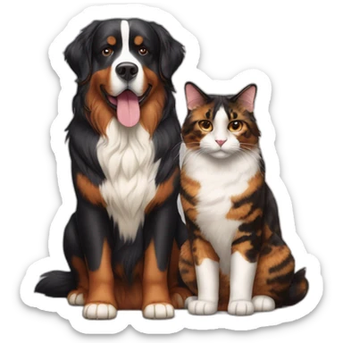A Bernese dog next to A tortoiseshell cat without white sticker