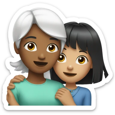 A girl with a square of black hair hugs a girl with bangs and white hair sticker