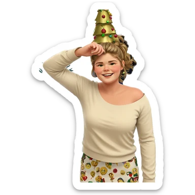 smiling girl by christmas tree sticker