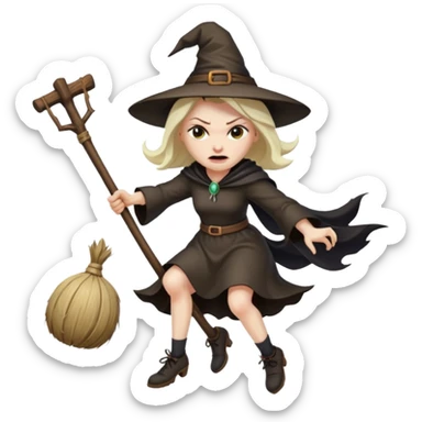 angry faced witch flying on a broom sticker