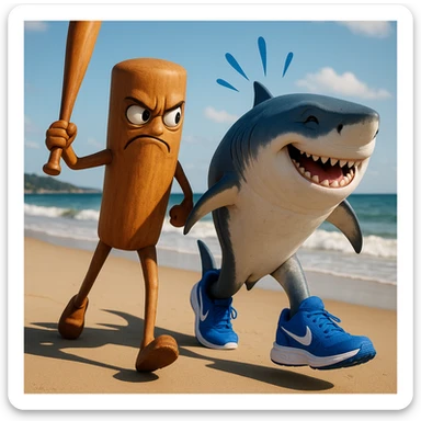 create this image with 4 different emotion to each of them .CREATE ONE WHERE THE ONE WITH THE STICK IS BEATING THE OTHER. AND THE OTHER ONE WITH HAPPY EMOTION 
 sticker