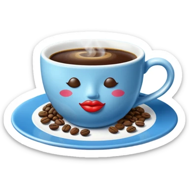 A steaming cup of coffee is visible. The blue cup has a kissing lips print and sits on a blue saucer filled with coffee beans. sticker