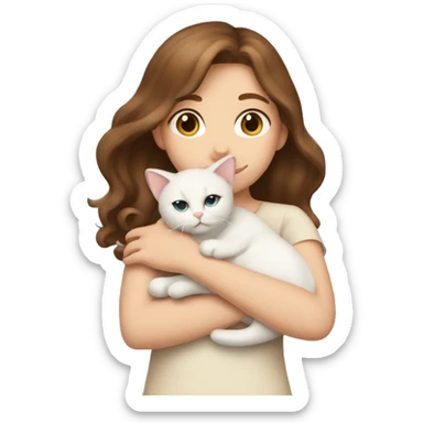 brown haired girl hugging a cream colored cat sticker