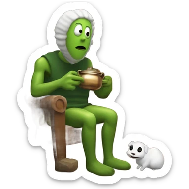Pickle man in a cabin drinking a pot of goat cheese with his Demonic creature pet warming itself by the fireplace  sticker