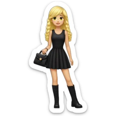 Chica rubia con flequillo vestido negro bolso negro botas negras anillo sticker