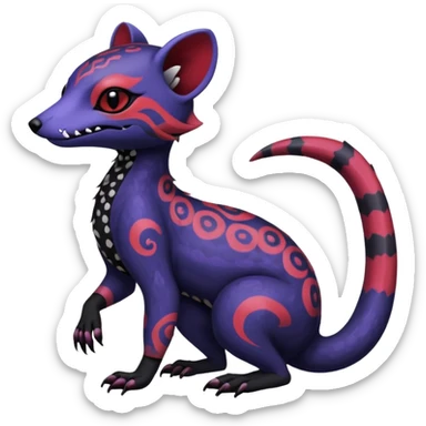 Rare warm-colored exotic gloomy tropical edgy cute epic aesthetic spooky indigo violet white black red gothic colorful Salandit-Noibat-Civet-species-Fakemon-hybrid-creature, with tribal tattoo markings, full body sticker