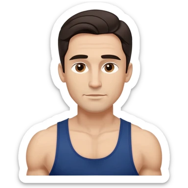 Fit man in his early 40s with light brown complexion. Elongated face with strong jawline. Attractive features with medium dark eyes and arched eyebrows. Straight nose. Confident expression. Medium-length wavy dark hair styled modernly. Wearing a dark blue athletic tank top. sticker