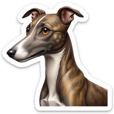 Cinematic Noble Brindle Greyhound Portrait Emoji, Poised and regal, with a slender, aerodynamic build and a refined brindle Fur, deep-set soulful eyes, Simplified yet sharp and sophisticated features, highly detailed, glowing with a soft, dignified glow, high shine, intelligent and agile, stylized with an air of elegance, focused and attentive, soft glowing outline, capturing the essence of a watchful and graceful racer, so majestic it feels as though it could dash out of the screen with effortless authority! sticker
