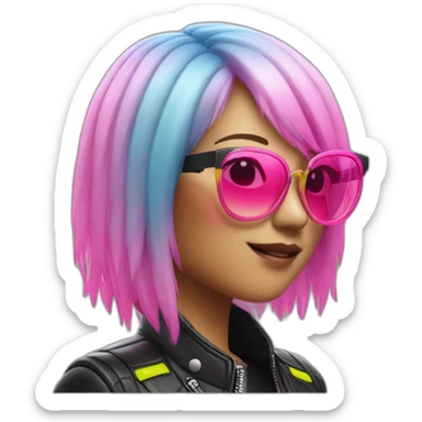 A Japanese woman with Pink hair wearing sunglases with Neon highlights and is also waering a leather jacket sticker