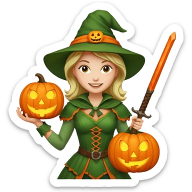 Woman Hunter With Jack o Lantern, wearing green costume, with sword sticker