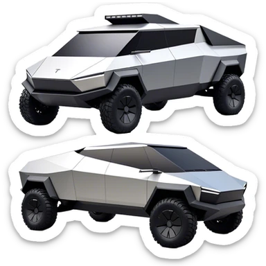 Tesla Cybertruck - A futuristic Tesla Cybertruck, angular and geometric with a sharp, triangular body shape. Stainless steel exoskeleton with a raw, unpainted, brushed-metal finish. A sleek, narrow LED light bar stretches across the entire front. Large, rugged off-road tires with exposed wheel arches. Smooth, handle-free doors and a slanted, armored rear with a retractable tonneau cover. Rear LED strip mirroring the front. The vehicle looks like a sci-fi-inspired, bulletproof stealth tank on wheels, set in a high-tech urban environment at sunset, with reflections on its metallic surface. sticker