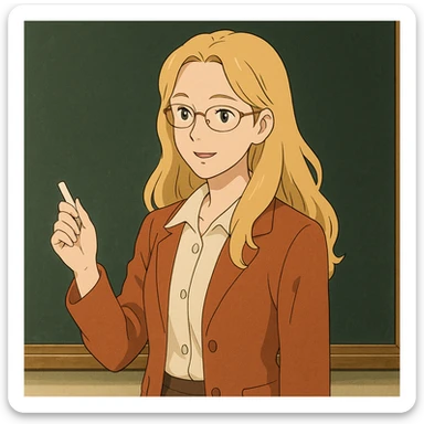 profesora rubia de pelo largo, piel clara, estilo ghibli, con una pizarra sticker
