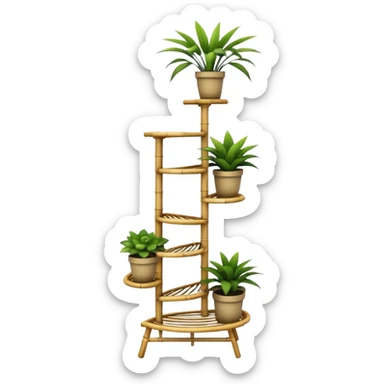Large futuristic multi-tier multi-level curved spiral step plant rack constructed from 7/8ths of an inch thin bamboo poles  sticker
