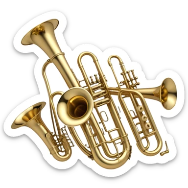Create a simple and symbolic emoji collage representing wind instruments. Include a variety of iconic elements like the bell of a trumpet, the mouthpiece of a saxophone, and a subtle outline of a trombone. Arrange the elements in a dynamic and balanced way. Use warm metallic tones like gold, brass, and silver for the instruments, with a clean and minimalist design. The background should be transparent, focusing on the shapes and silhouettes of the instruments to convey their essence without excessive detail. sticker