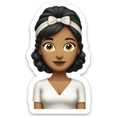 Tanned woman with black hair dressed in 1970s attire, hair, makeup, and  attire with headband  sticker