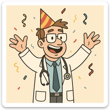 cheerful doctor wearing a party hat, simple background sticker