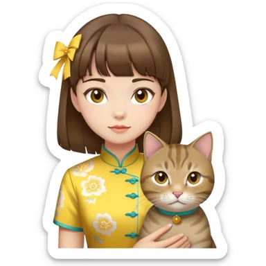 girl with brown hair and bangs wearing yellow qipao with gray tabby cat sticker