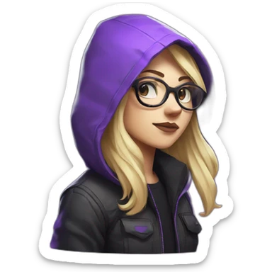 Girl blond developer with round glasses left side behind his laptop with this style: Valorant Riot Game purple character purple black hooded hacker  sticker