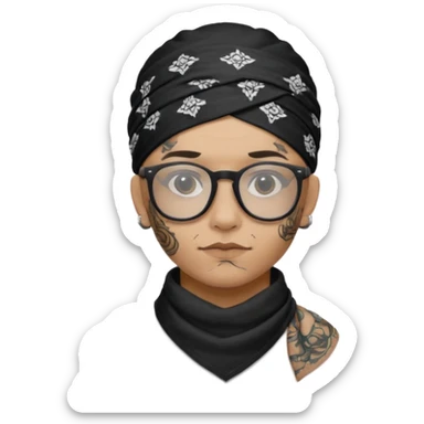 character with bandana and glasses and tattoed sticker