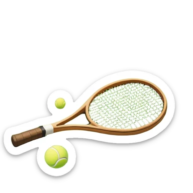 A tennis racket resting on the green grass of a tennis court, with a tennis ball placed nearby and the net stretching across the court. The background captures the fresh, open atmosphere of a traditional grass court, emphasizing the elegance and precision of the sport. sticker